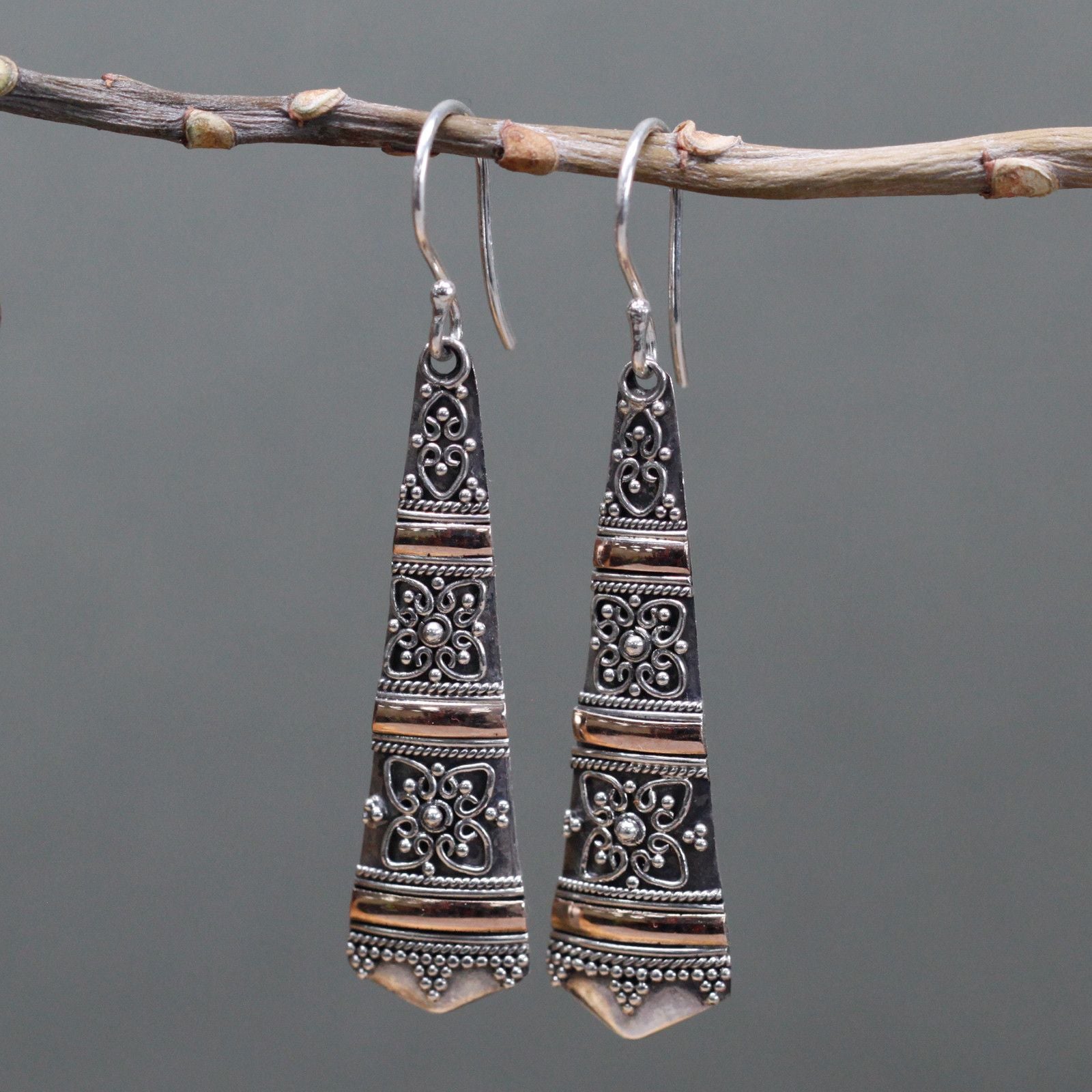 925 Silver & 18 K Gold Tribal Drop Earring's Bali Jewellery