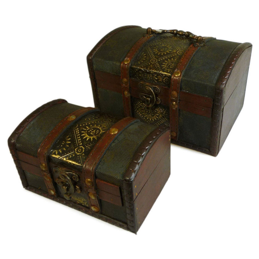 Vintage Art Deco Sets of 2 Colonial Boxes - Metal Embossed