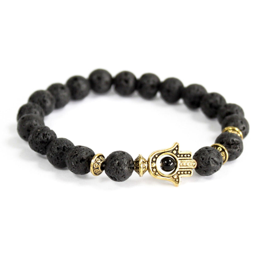 Gold Hamsa / Natural Lava Stone - Gemstone Golden Bracelet