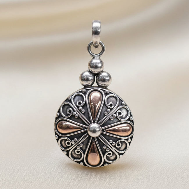 925 Silver & 18 K Gold Classic Round Pendant Bali Jewellery