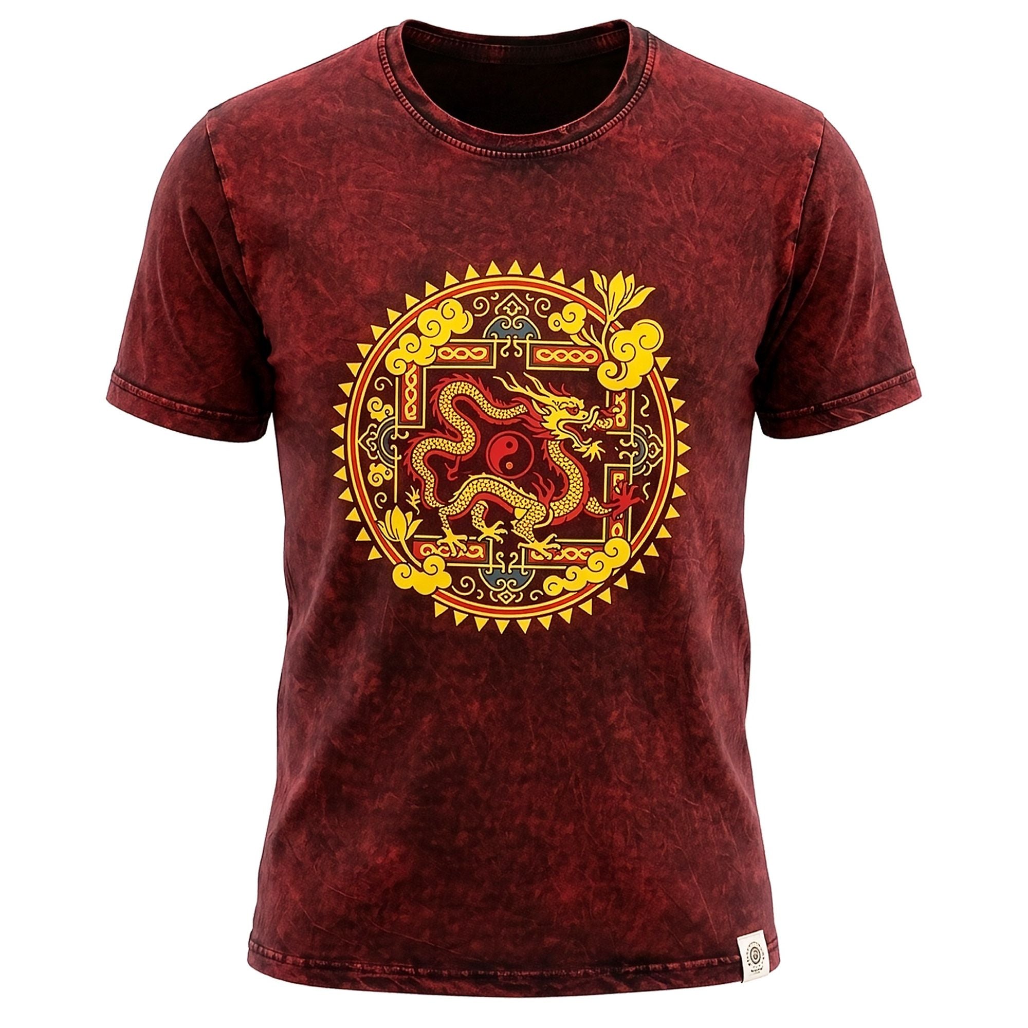 Nomad Sari Stonewashed Cotton T-Shirt - Dragon Mandala - Maroon - XL