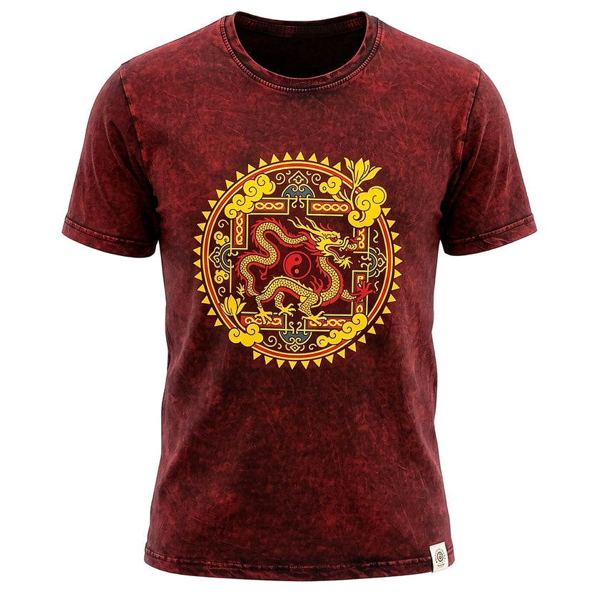 Nomad Sari Stonewashed Cotton T-Shirt - Dragon Mandala - Maroon - XL