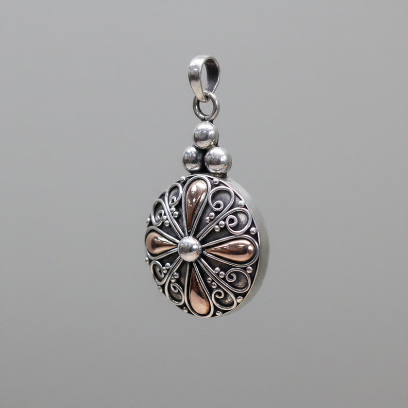 Authentic 925 Silver & 18 K Gold Classic Round Pendant Bali Jewellery