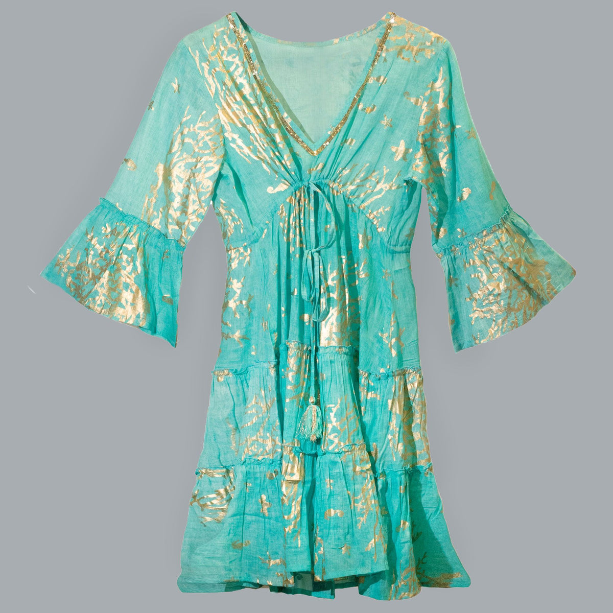 Nomad Sari Turquoise & Gold Coral Print Dress (M/L)