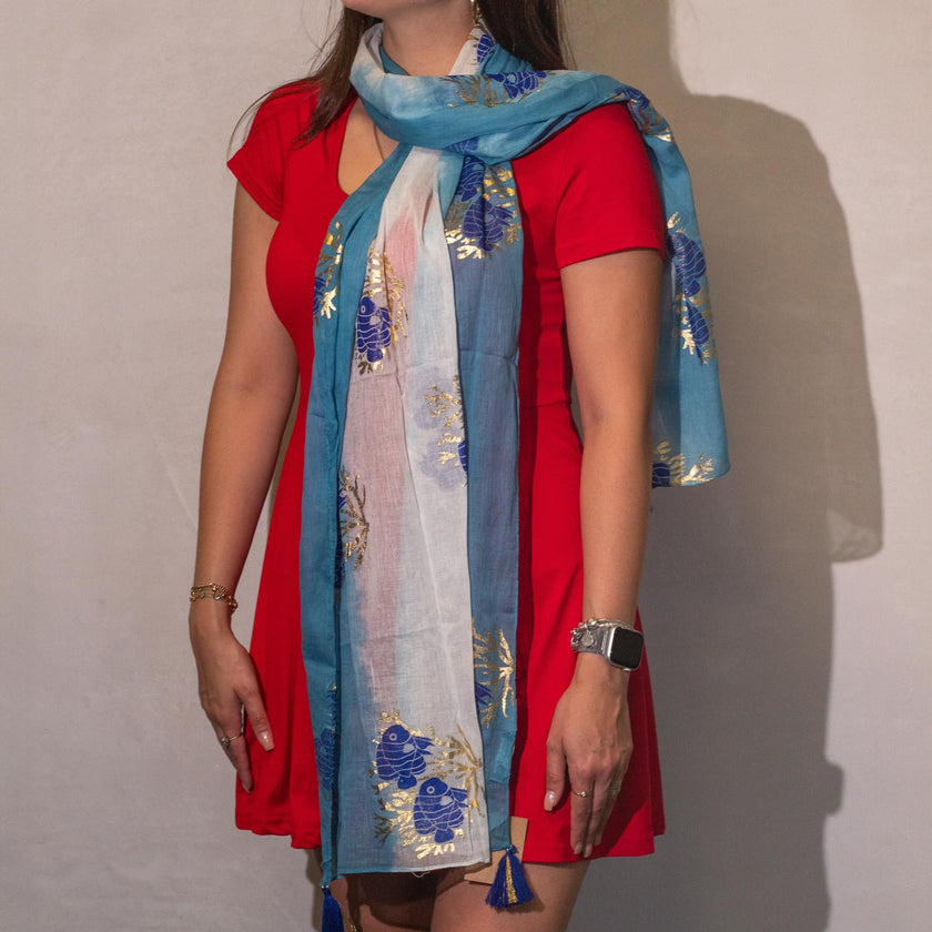 Nomad Sari Aqua Fish Scarf – Sea Blue (180x50cm)