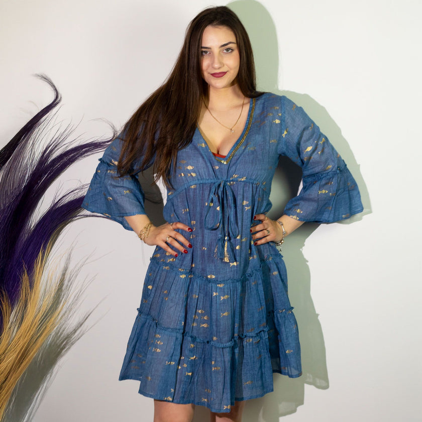Nomad Sari Sea Blue & Gold Fish Print Dress (M/L)