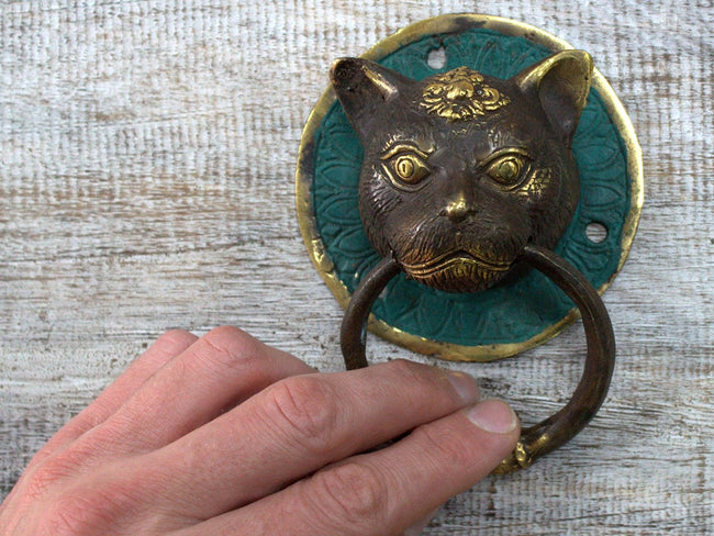 Antique Style Art Deco Brass Door Knocker - Cats Head