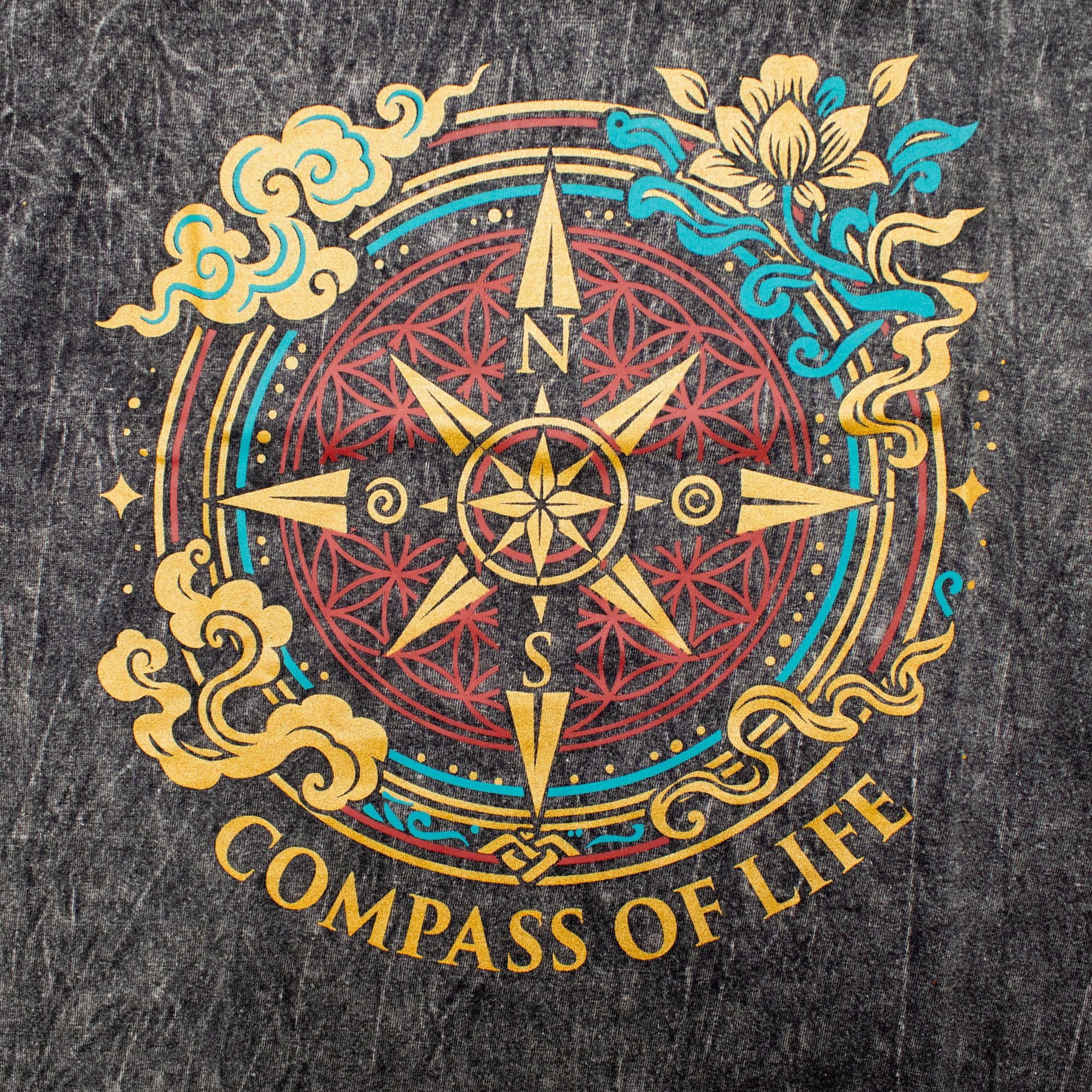 Nomad Sari Stonewashed Cotton T-Shirt - Compass of Life - Charcoal - Large