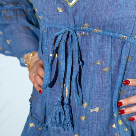 Nomad Sari Sea Blue & Gold Fish Print Dress (L/XL)