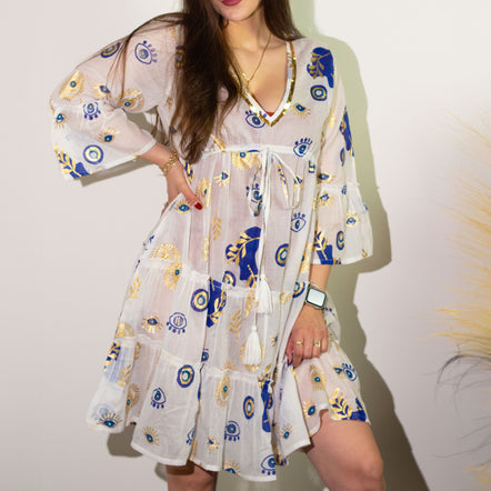 Nomad Sari Evil Eye Dress – White, Blue & Gold – Size M/L