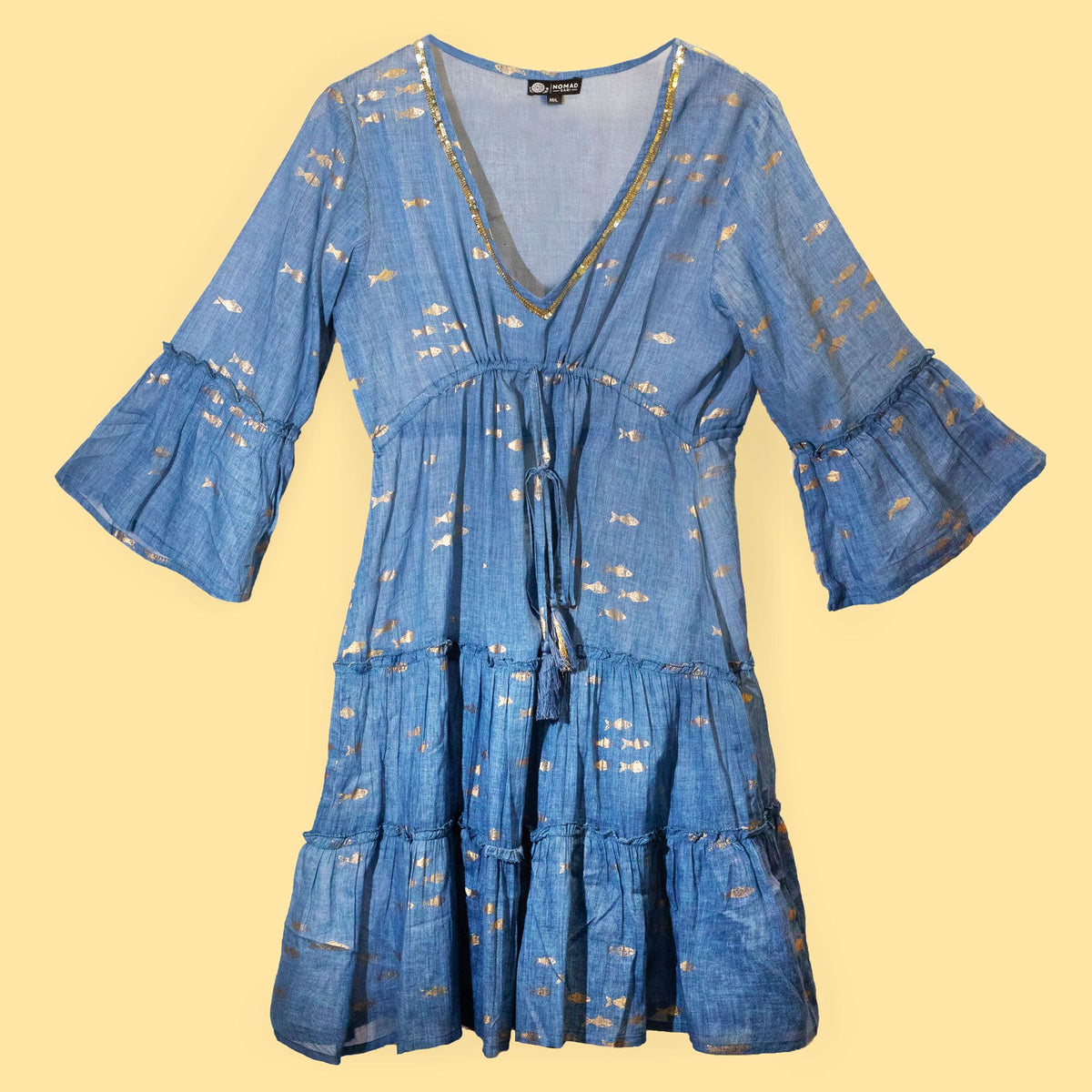 Nomad Sari Sea Blue & Gold Fish Print Dress (M/L)