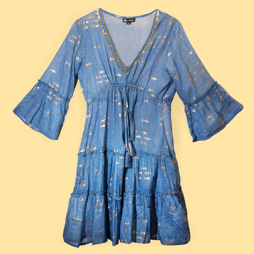 Nomad Sari Sea Blue & Gold Fish Print Dress (M/L)