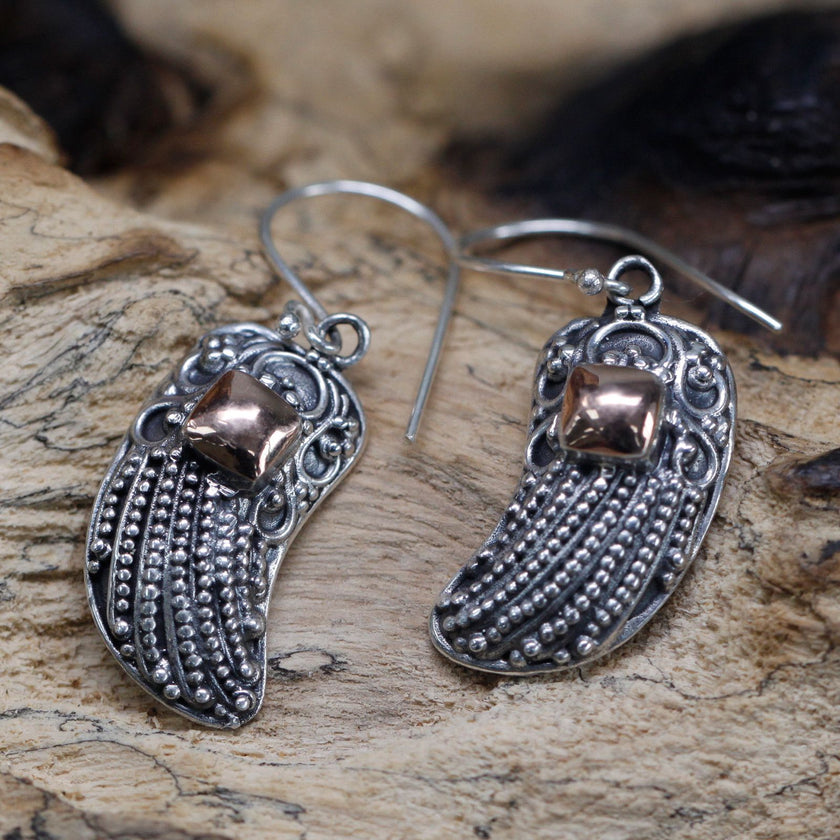925 Silver&18 K Gold Hook Pendant Earring's Angel Wings Bali Jewellery