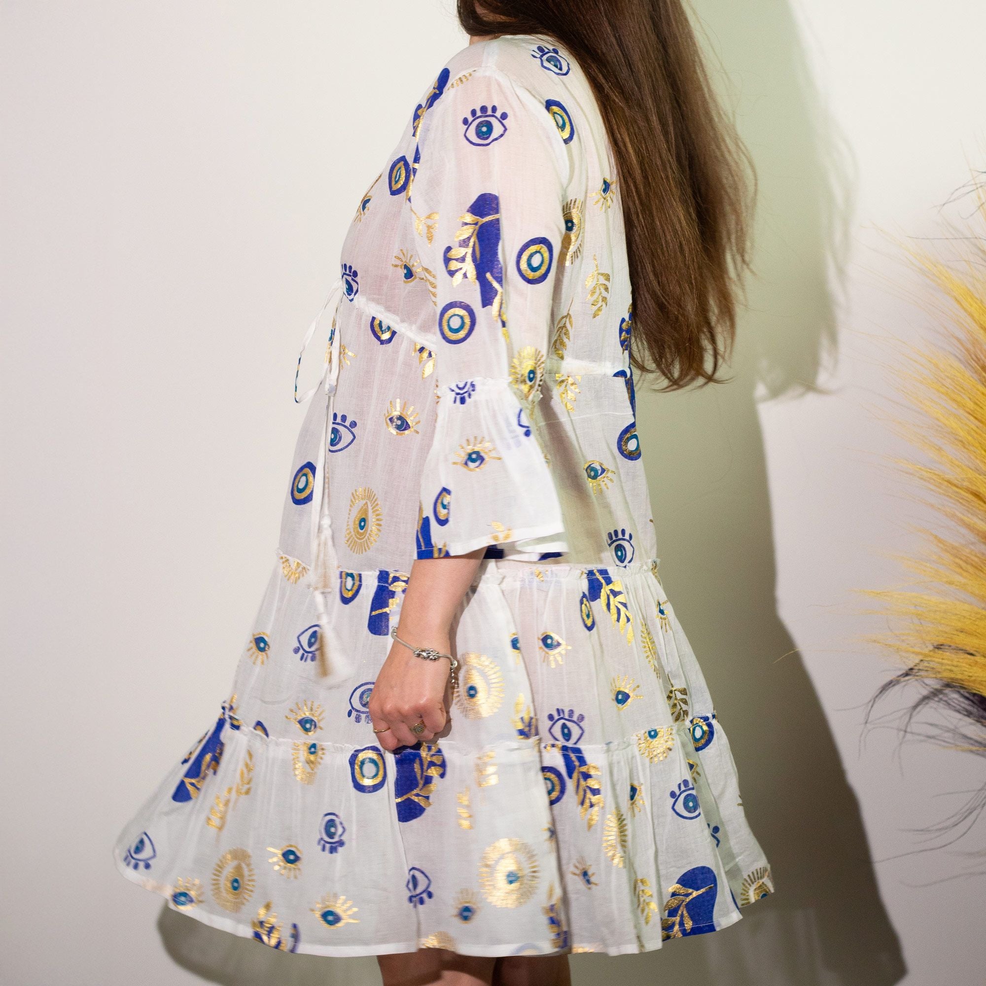 Nomad Sari Evil Eye Dress – White, Blue & Gold – Size L/XL