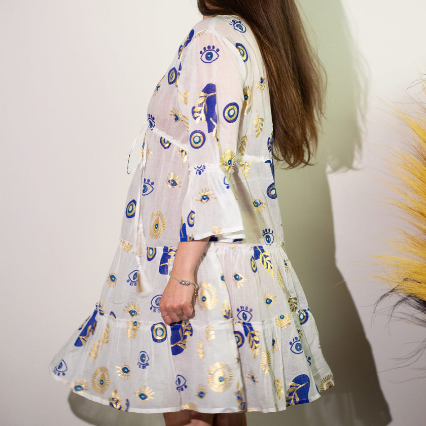 Nomad Sari Evil Eye Dress – White, Blue & Gold – Size L/XL