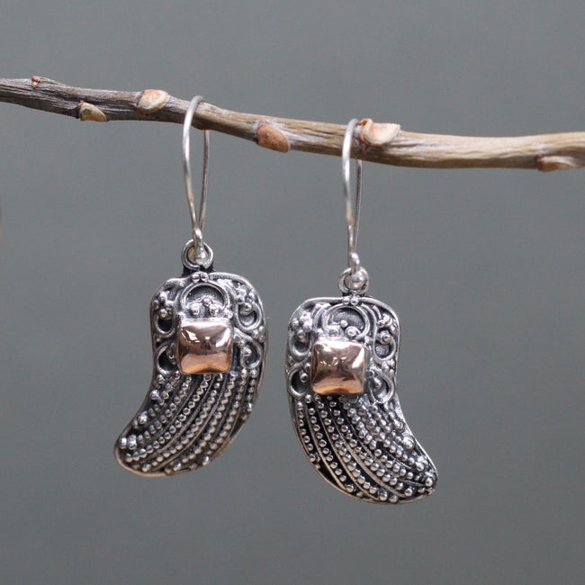 925 Silver&18 K Gold Hook Dangle Earring's Angel Wings Bali Jewellery