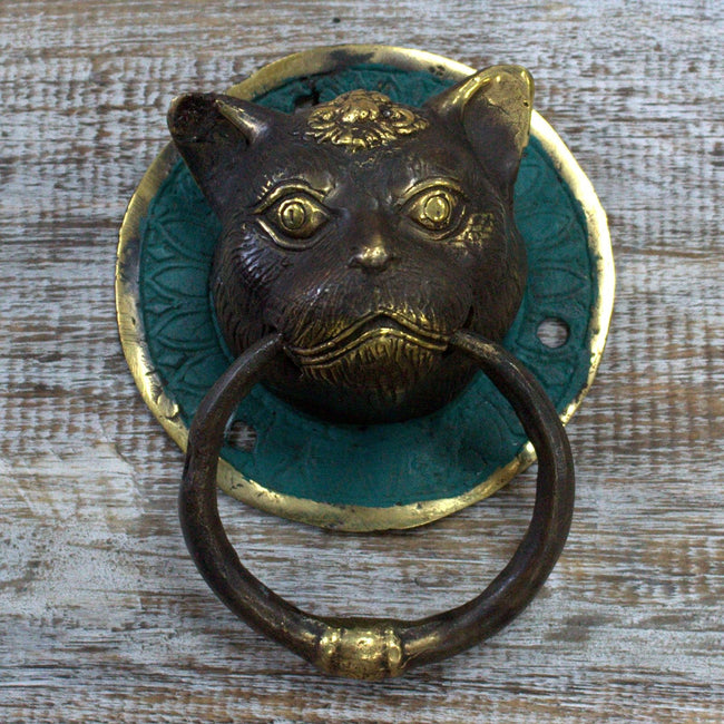 Antique Style Art Deco Brass Door Knocker - Cats Head