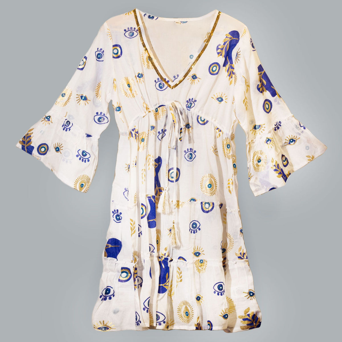 Nomad Sari Evil Eye Dress – White, Blue & Gold – Size L/XL