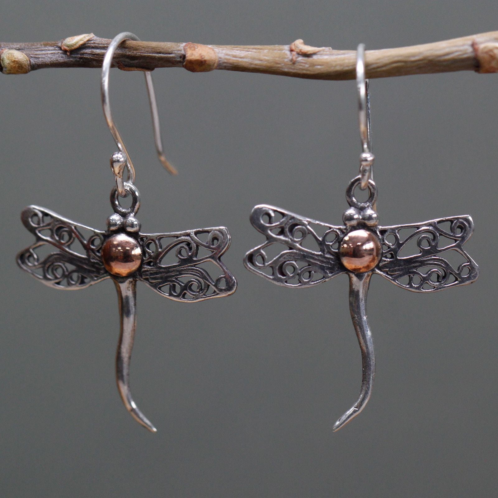 925 Silver & 18 K Gold Earring - Dragonflies Bali Jewellery