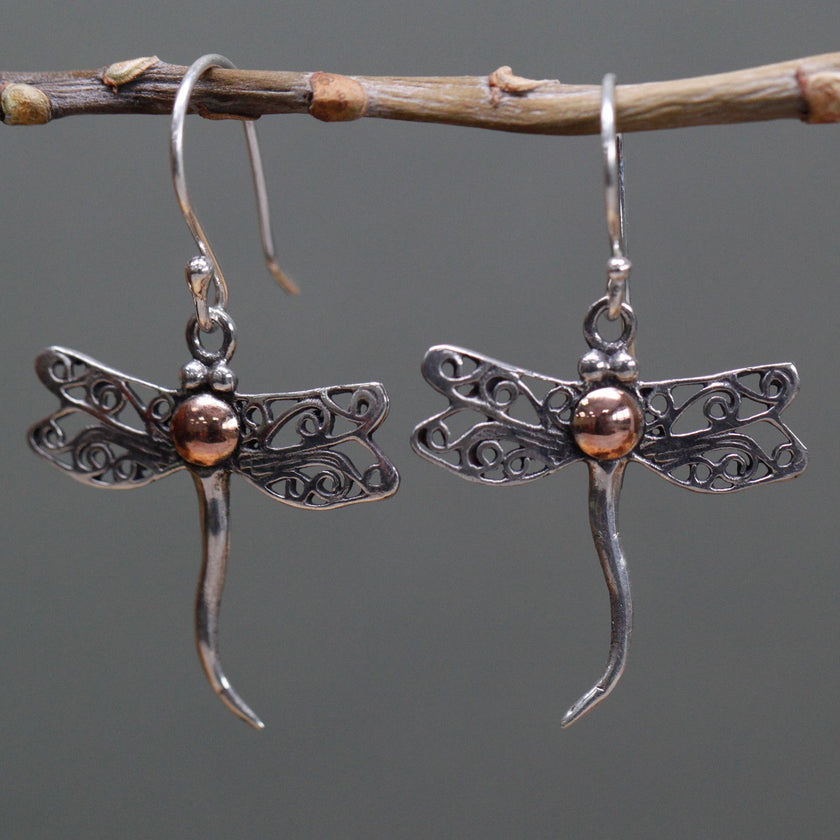 925 Silver & 18 K Gold Earring - Dragonflies Bali Jewellery