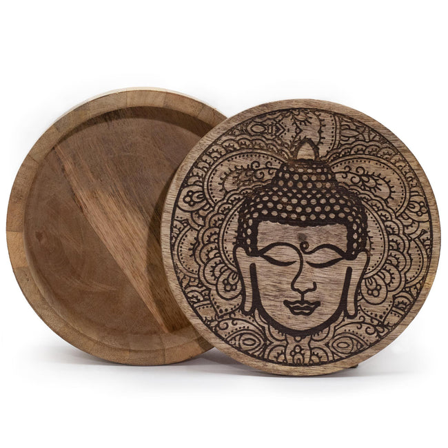 Big Round Wood Box 17.5 x 7.5cm - Buddha Face Black Engraved