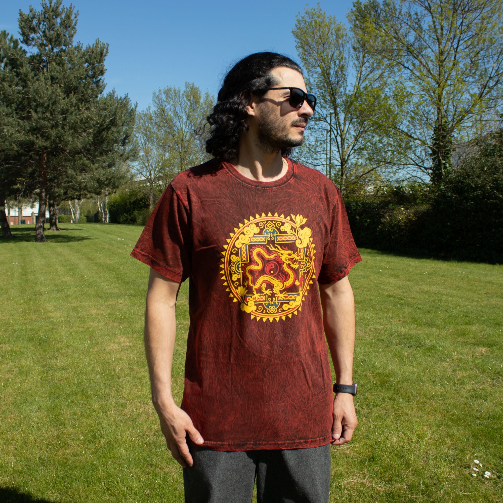 Nomad Sari Stonewashed Cotton T-Shirt - Dragon Mandala - Maroon - Small