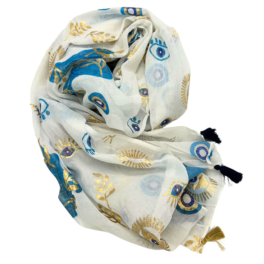 Nomad Sari Pareo – White, Blue & Gold Evil Eye Print 180/110