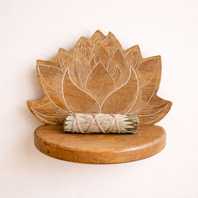 Lotus Wall Shelf White Wash Solid Wood