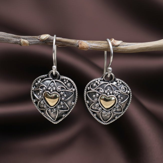 Silver & 18 K Gold Earring's  Mandala Heart's Bali Jewellery