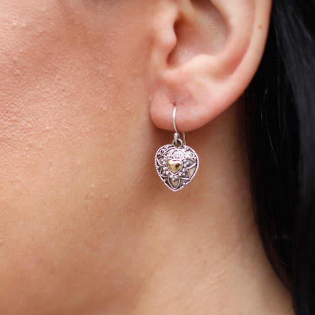 Silver & 18 K Gold Earring's  Mandala Heart's Bali Jewellery