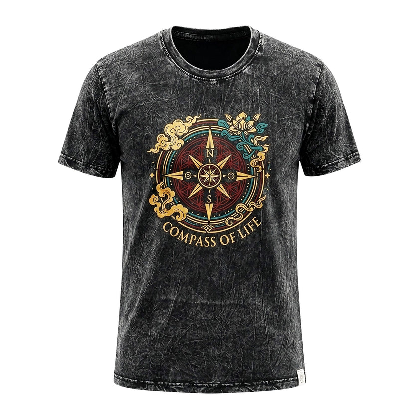 Nomad Sari Stonewashed Cotton T-Shirt - Compass of Life - Charcoal - Small