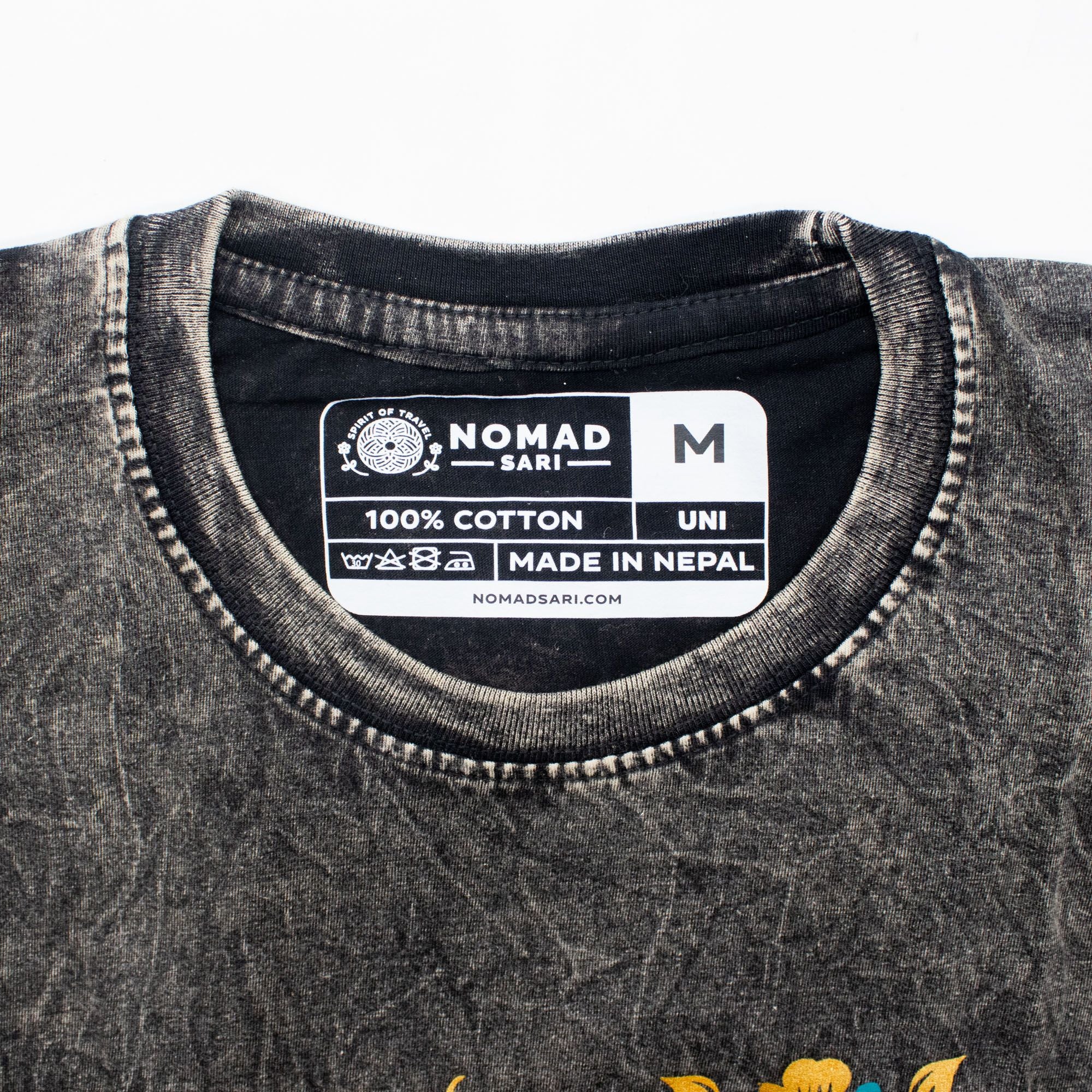 Nomad Sari Stonewashed Cotton T-Shirt - Compass of Life - Charcoal - Medium