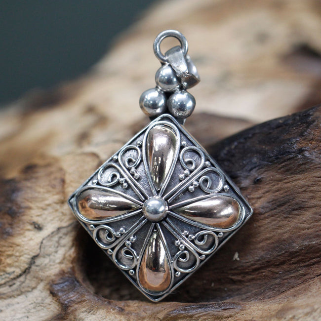 Authentic 925 Silver & 18 K Gold Square Drop  Pendant Bali Jewellery with Gift Box