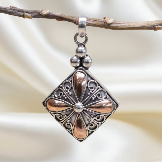 Authentic 925 Silver & 18 K Gold Square Drop  Pendant Bali Jewellery with Gift Box