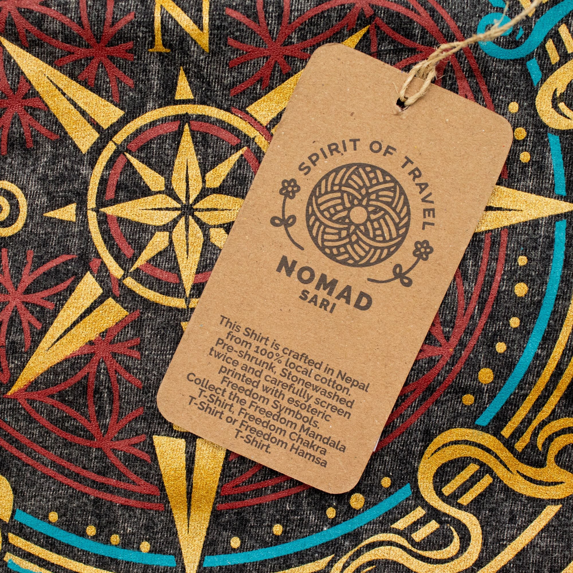 Nomad Sari Stonewashed Cotton T-Shirt - Compass of Life - Charcoal - Medium