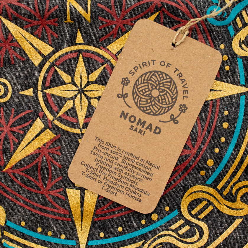 Nomad Sari Stonewashed Cotton T-Shirt - Compass of Life - Charcoal - Medium