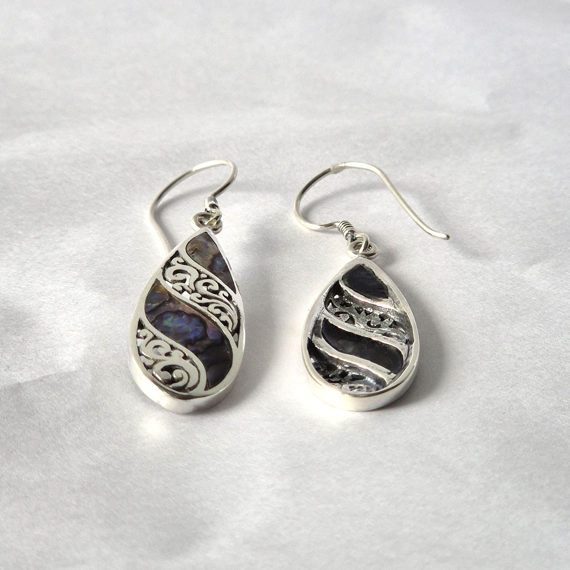 Shell & 925 Silver Earrings - Long Teardrop - Abalone