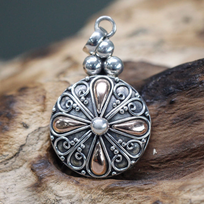 925 Silver & 18 K Gold Classic Round Pendant Bali Jewellery