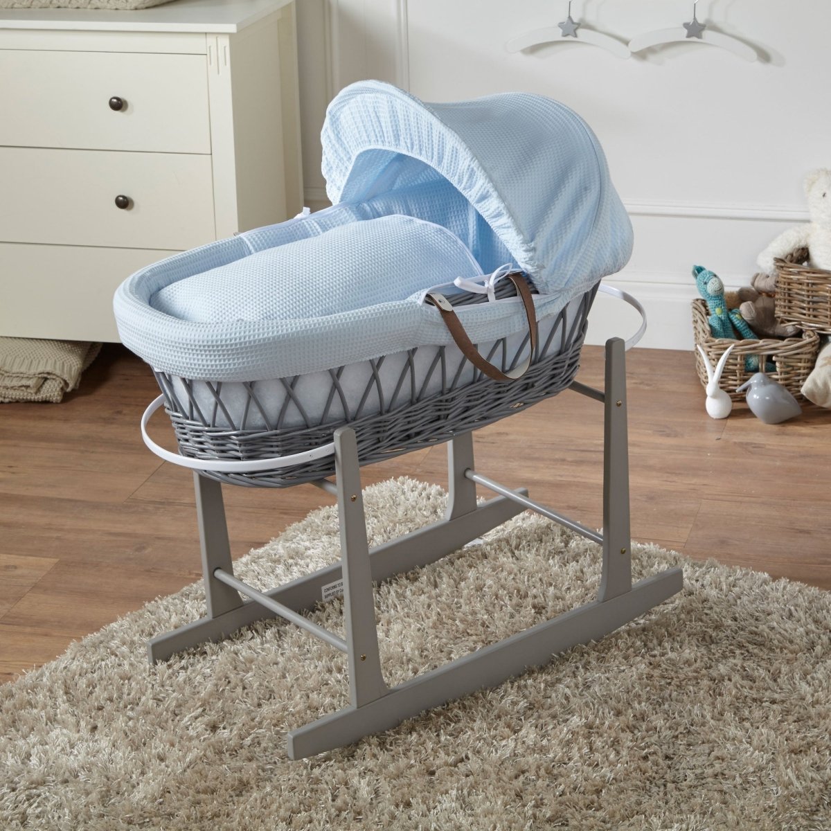 Blue Waffle Grey Wicker Baby Moses Basket With Stand(Only 🇬🇧 delivery )