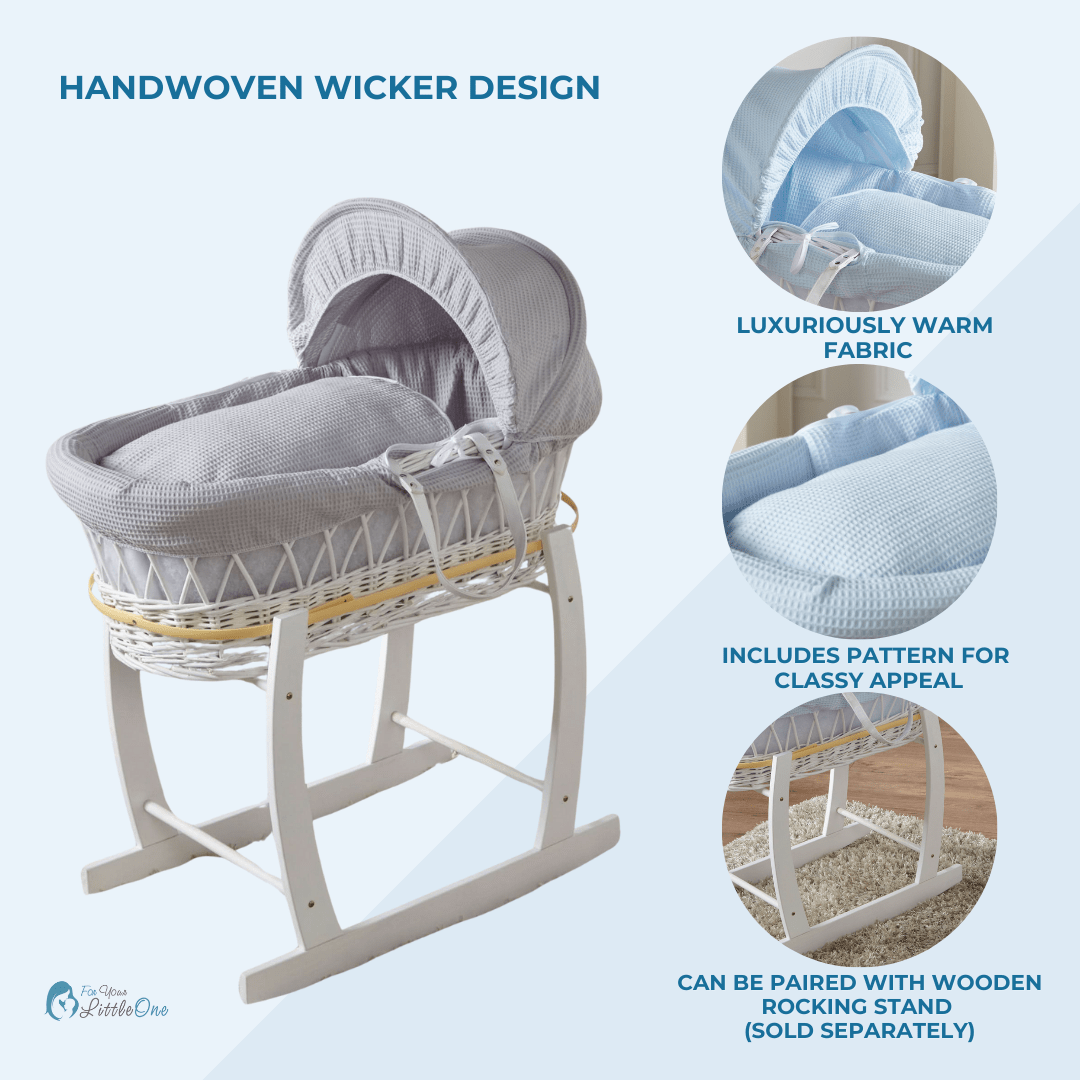 Blue Waffle Grey Wicker Baby Moses Basket With Stand(Only 🇬🇧 delivery )