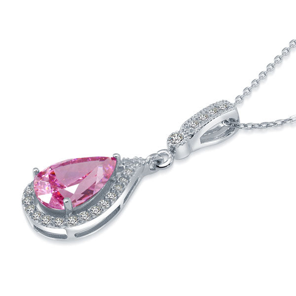 925 Sterling Silver Fashion Bridesmaid Pink Pendant Necklace Bridal Wedding Tear Drop