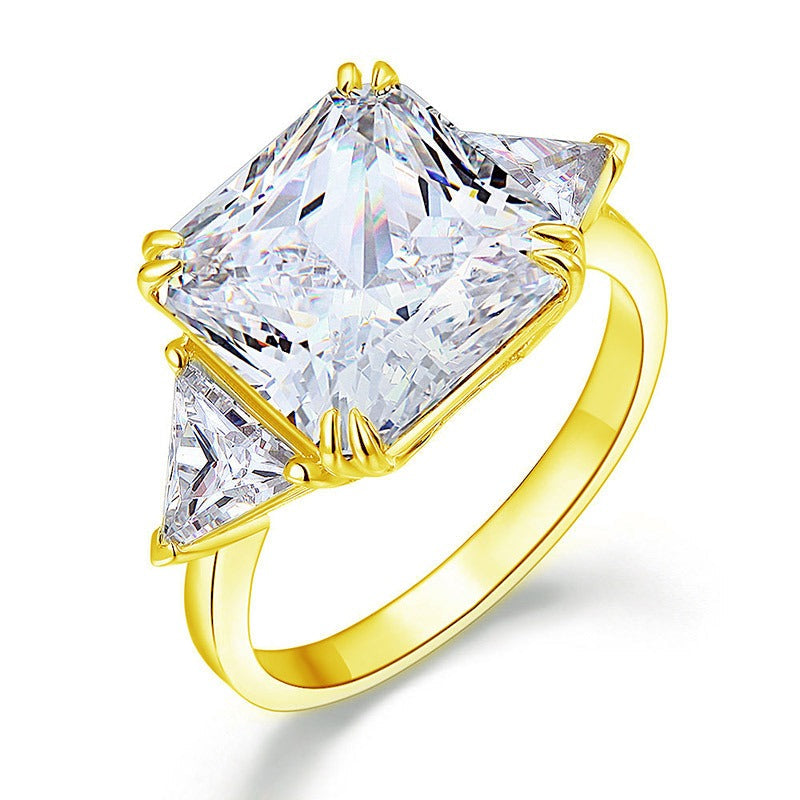 Solid 925 Sterling Silver Three-Stone Luxury Ring Anniversary 8.0 Ct Created Diamond Yellow Gold Plated