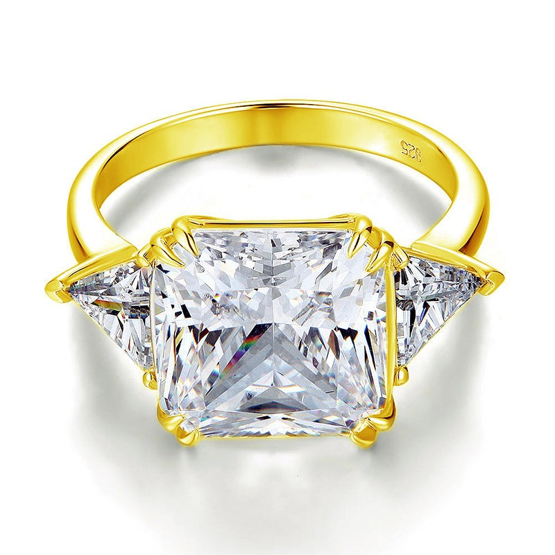 Solid 925 Sterling Silver Three-Stone Luxury Ring Anniversary 8.0 Ct Created Diamond Yellow Gold Plated