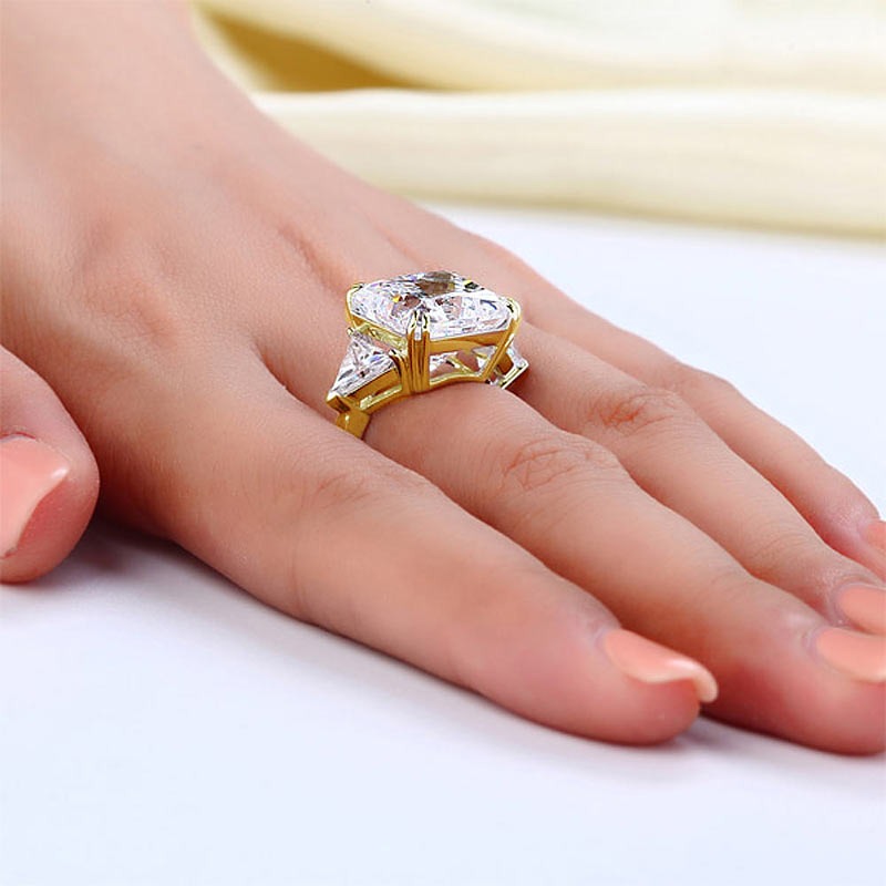 Solid 925 Sterling Silver Three-Stone Luxury Ring Anniversary 8.0 Ct Created Diamond Yellow Gold Plated