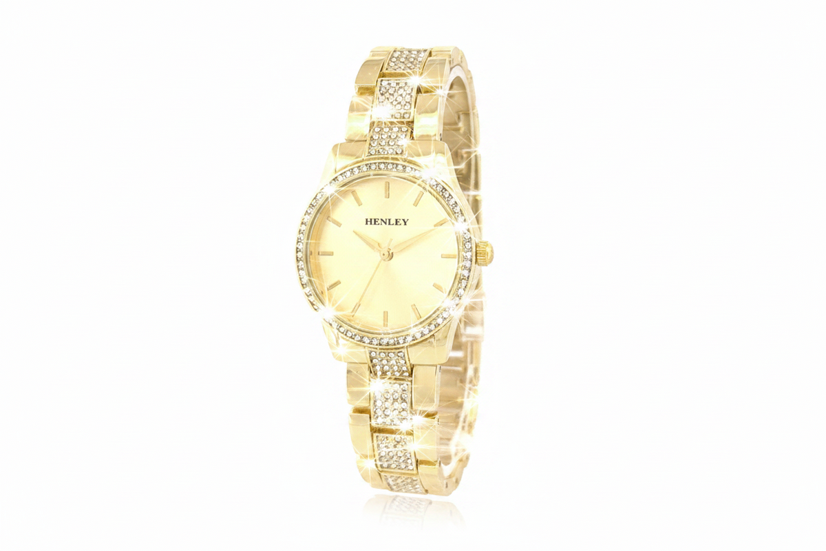 Henley Ladies Fashion Bling Gold Dial & Gold Diamante Bracelet Watch and Presentation Gift Box