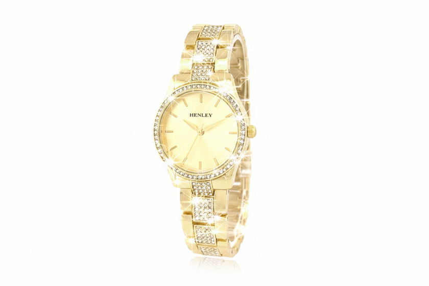 Henley Ladies Fashion Bling Gold Dial & Gold Diamante Bracelet Watch and Presentation Gift Box