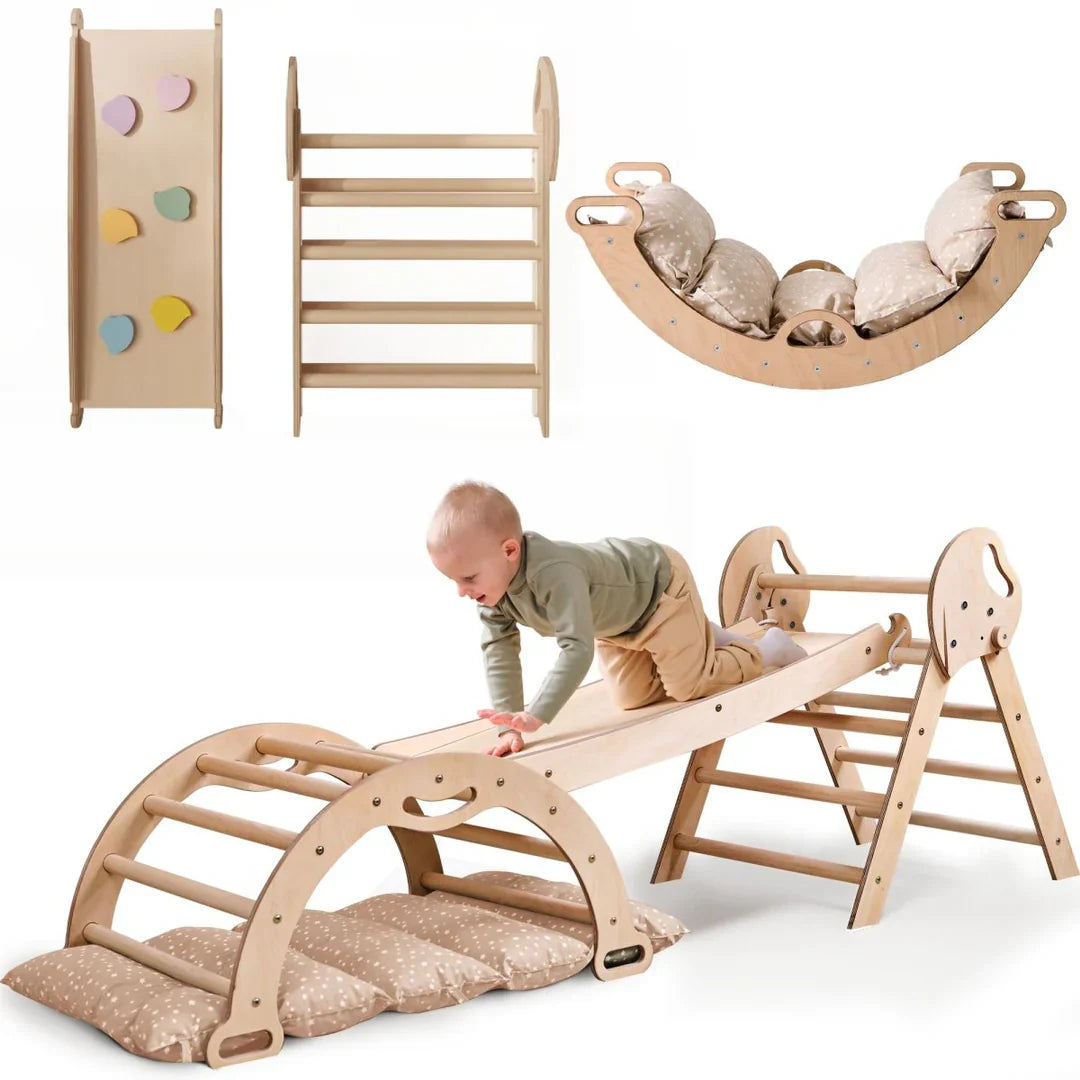 4in1 Montessori Climbing Frame: Pikler Triangle + Arch + Slide Board + Cushion for Toddlers (1–3 Years)