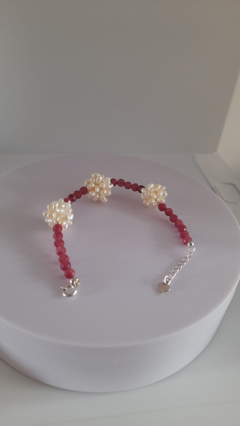 Pink Rubellite Pearl Charm Beads  925 Sterling Silver Bracelet Set
