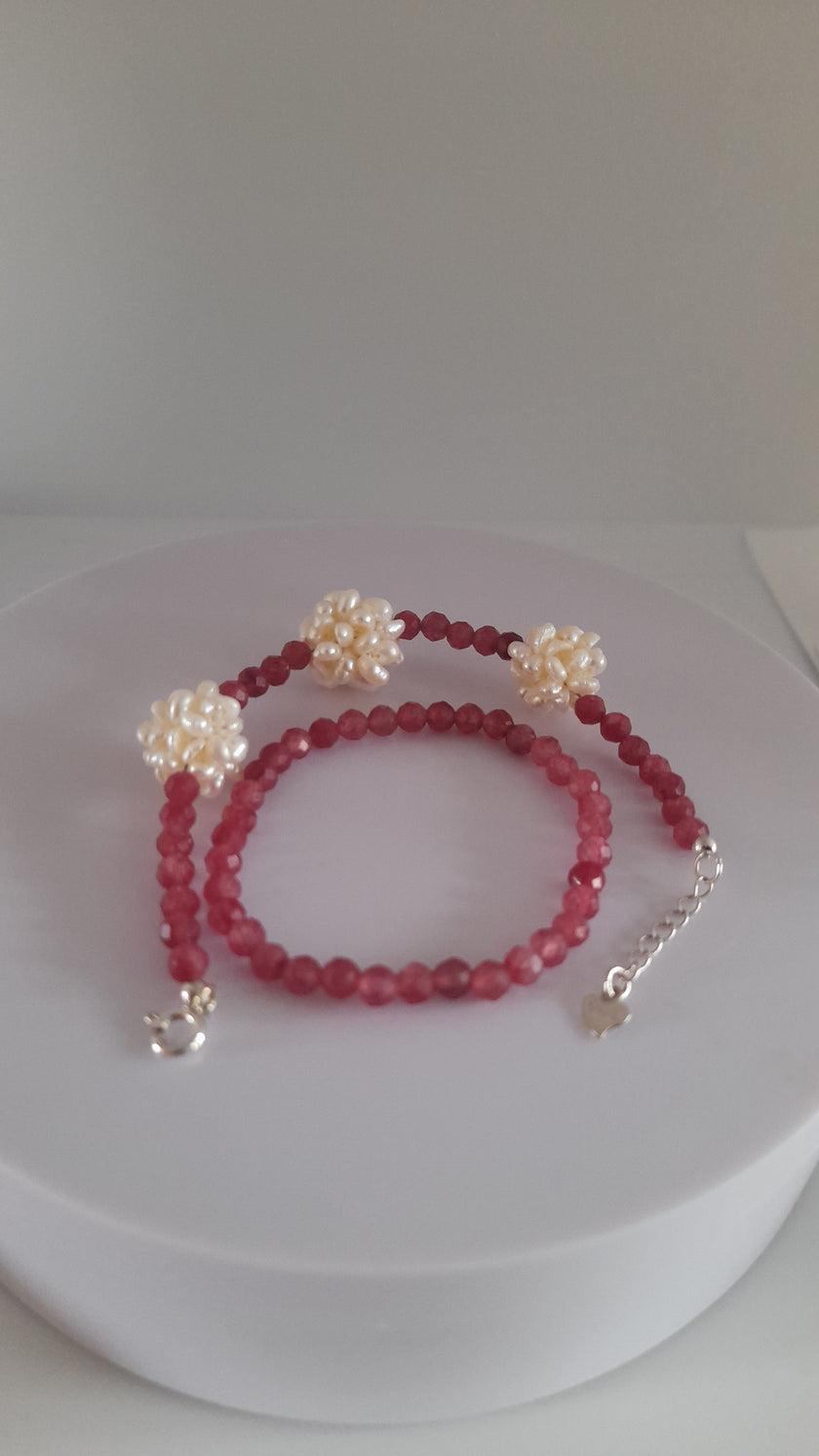 Pink Rubellite Pearl Charm Beads  925 Sterling Silver Bracelet Set