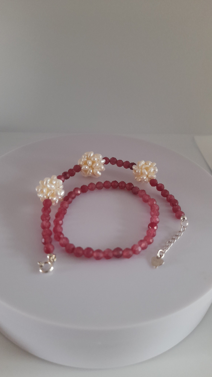 Pink Rubellite Pearl Charm Beads  925 Sterling Silver Bracelet Set